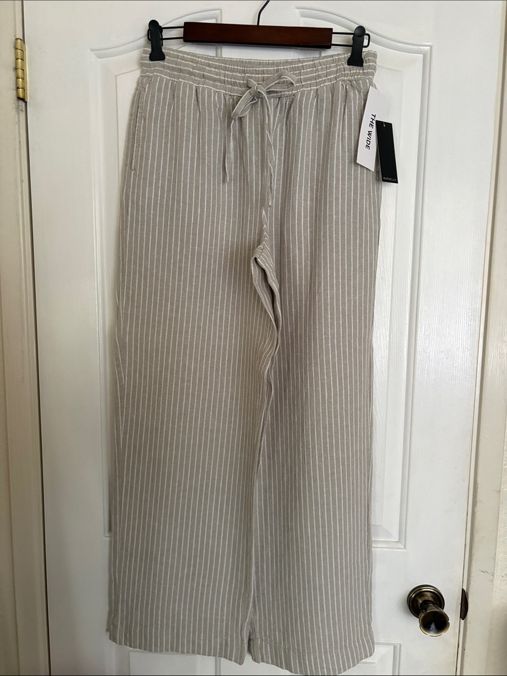 Rafaella Beige Striped Wide-Leg Linen-Blend Pants